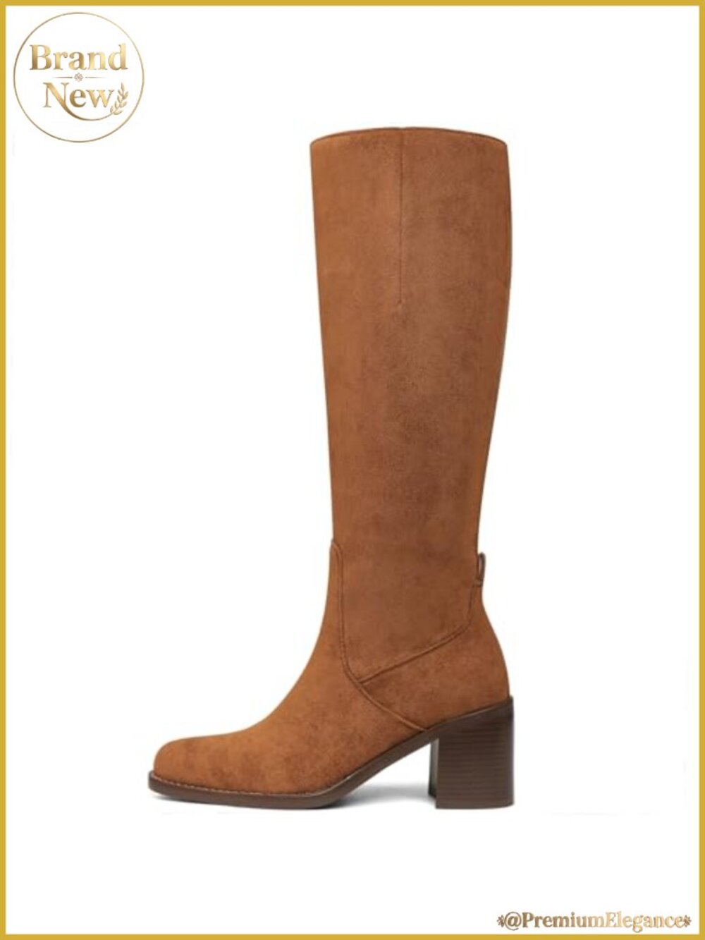 Knee High Boots Women Chunky Heels Round Toe Suede Side Zip